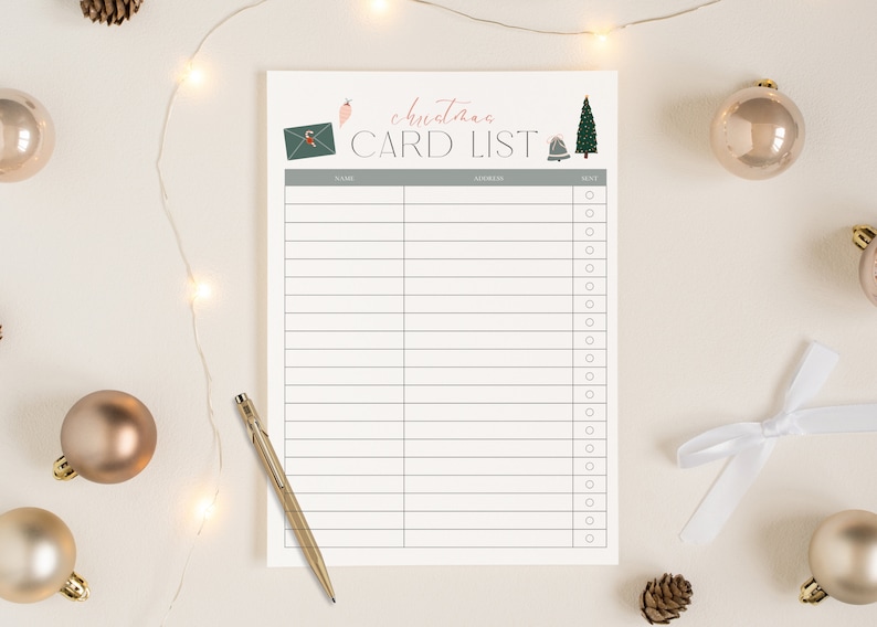 Christmas Card Mailing List Printable Template Holiday Planner Instant