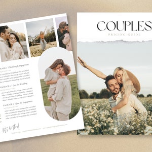 May include: A wedding photography pricing guide and package details are displayed. The cover reads "Couples Pricing Guide" with a watercolor-style design. The other page shows photos of couples and package options for weddings and engagements.