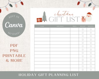 Christmas Gift List Printable Template - Holiday Planner Instant Download - Editable Christmas Gift Checklist Canva - Holiday Shopping