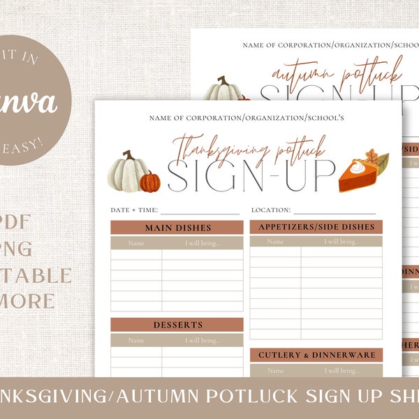 Canva Thanksgiving Potluck-Anmeldeformular - Druckbares Herbst-Potluck-Anmeldeformular - Herbst-Potluck-Party-Anmeldeformular