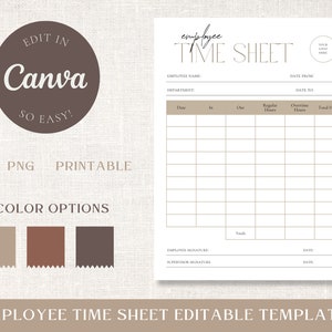 Peut inclure: Modèle de feuille de temps d'employé éditable dans un style minimaliste avec un schéma de couleurs brun, rouge et gris. Le modèle comprend des champs pour le nom de l'employé, le département, la date de début, la date de fin, la date, l'entrée, la sortie, les heures régulières, les heures supplémentaires, les heures totales, la signature de l'employé, la signature du superviseur et la date.