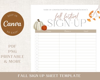 Fall Festival Sign Up Form Canva Template - Fall Volunteer Sign Up Sheet Printable - Editable Fall Party Sign Up - Autumn Event Sign Up
