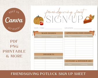 Canva Friendsgiving Potluck Sign Up Form - Printable Thanksgiving Potluck Sign Up Sheet - Fall Potluck Party Sign Up - Friendsgiving Sign Up