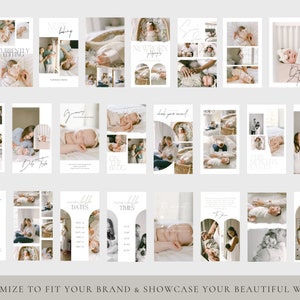 May include: A collection of 18 Instagram story templates for newborn photographers. The templates feature a neutral color palette with white, beige, and brown tones. The templates include text such as "Newborn Photography", "Currently Editing", "Baby Feet", "On the Blog", "Remarkable Dates", "Remarkable Times", "Say Hello", "The Adventure Awaits", and "Week 1?"