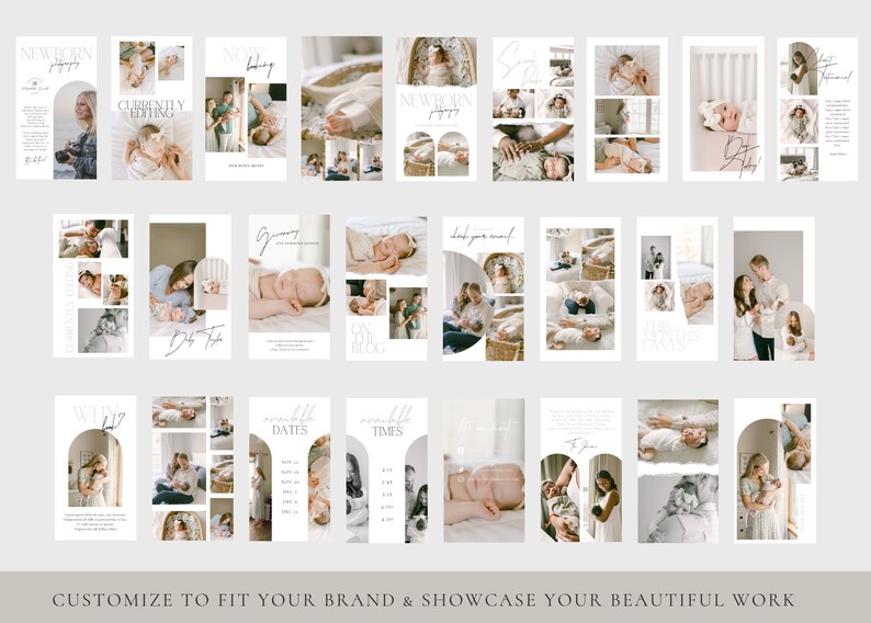 May include: A collection of 18 Instagram story templates for newborn photographers. The templates feature a neutral color palette with white, beige, and brown tones. The templates include text such as "Newborn Photography", "Currently Editing", "Baby Feet", "On the Blog", "Remarkable Dates", "Remarkable Times", "Say Hello", "The Adventure Awaits", and "Week 1?"