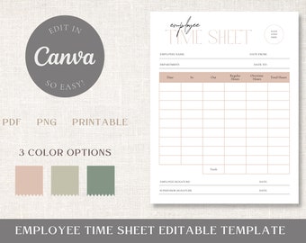 Employee Time Sheet Editable Template - Canva Digital Download Employee Scheduling Timesheet - Printable Time Card - Work Log Tracker