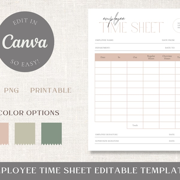 Employee Time Sheet Editable Template - Canva Digital Download Employee Scheduling Timesheet - Printable Time Card - Work Log Tracker