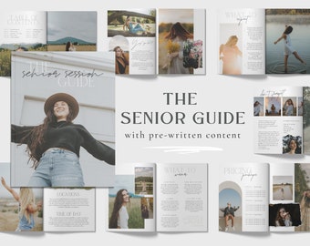 Op de afbeelding: Een gids voor senior fotoshoots met vooraf geschreven content. De gids bevat tips over wat te dragen, locaties en het tijdstip van de dag. Het bevat ook prijsinformatie en een checklist van dingen om mee te nemen.