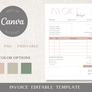 May include: Editable invoice template with a minimalist design. The template is available in three colour options: pink, beige, and green. The template includes sections for customer information, invoice details, payment details, and a total due section. The text "Thank you for your support" is included at the bottom of the template.