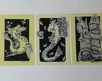 Small Dragon art prints, 4x6 yellow color copy paper matte finish