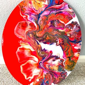 Abstract Resin Art: Orange, Violet, Pink, and White Liquid Pour (20&quot; x 16&quot;)