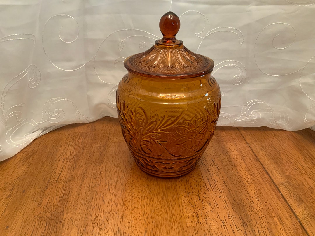 Vintage Hocking Desert Gold Sandwich Glass Cookie Jar With Lid Etsy