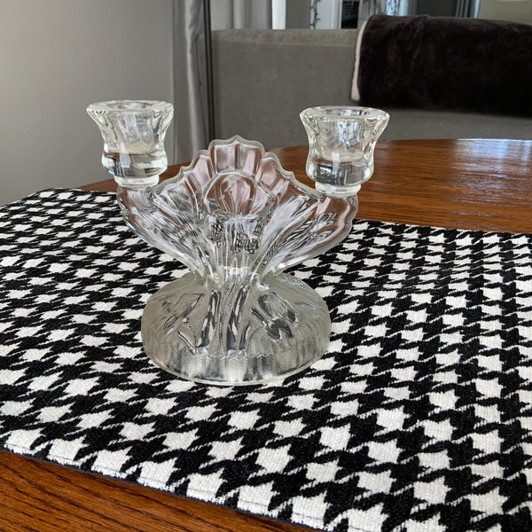 Depression Era Clear Iris and Herringbone double candlestick holder by Jeanette Glass Co