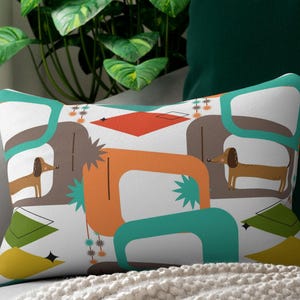 Modern Dachshund Pillow, Mid Century Dog Decor, Spun Polyester Lumbar Cushion, Home Accent Gift, Dog Lover Pillow, Decorative Dog Cushion,