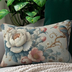 Vintage bird Shabby chic Floral Lumbar Pillow, Elegant Home Decor, Throw Pillow, Boho Living Room Accent, chinoiserie pillow