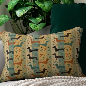 Retro Dachshund MCM Pattern Lumbar Pillow, Cozy Home Decor, Pet Lover Gift, Boho Accent Cushion, Stylish Home Accessories, wiener dog pillow