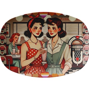 Retro 50s style Lesbian serving platter, gay couple plate, MCM dining, party plate, Mid Century Modern, wedding or housewarming gift