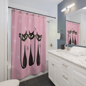 Cortina de chuveiro rosa com estampa de gato atômico, banheiro retrô, decoração dos anos 50 e 60, presente para amantes de gatos pretos, banheira ou box fofos, meados do século