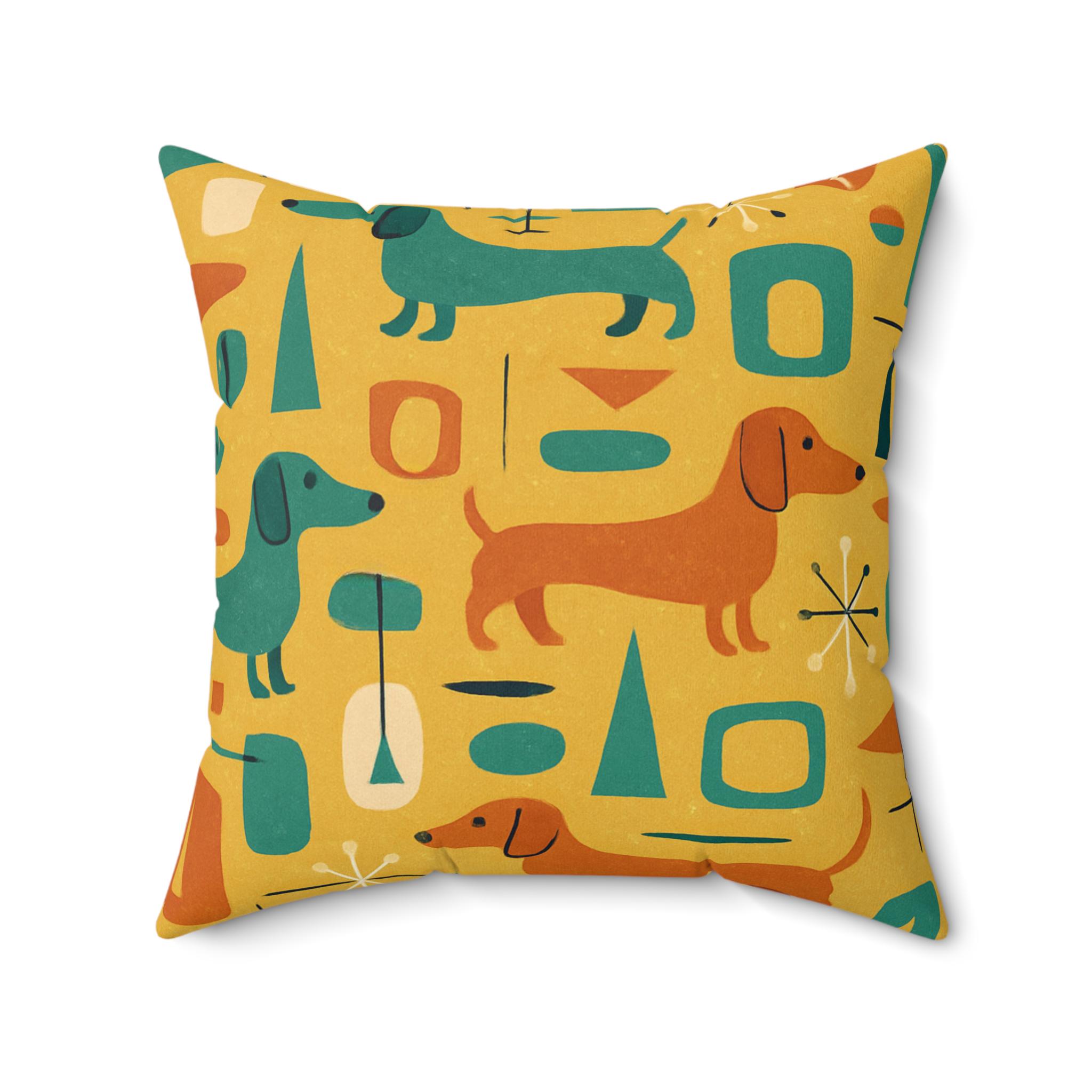 ミッドセンチュリーのダックスフンド枕：オレンジとティールの犬好き