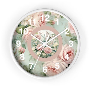 Reloj de pared con rosas vintage rosas estilo shabby chic, reloj de inspiración vintage, reloj para sala de estar o dormitorio, reloj de pared con diseño rosa