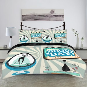 Atomic cat Good day retro poylester duvet cover, MCM bedding, Mid Mod bed cover set, cute bedroom decor, black cat lover