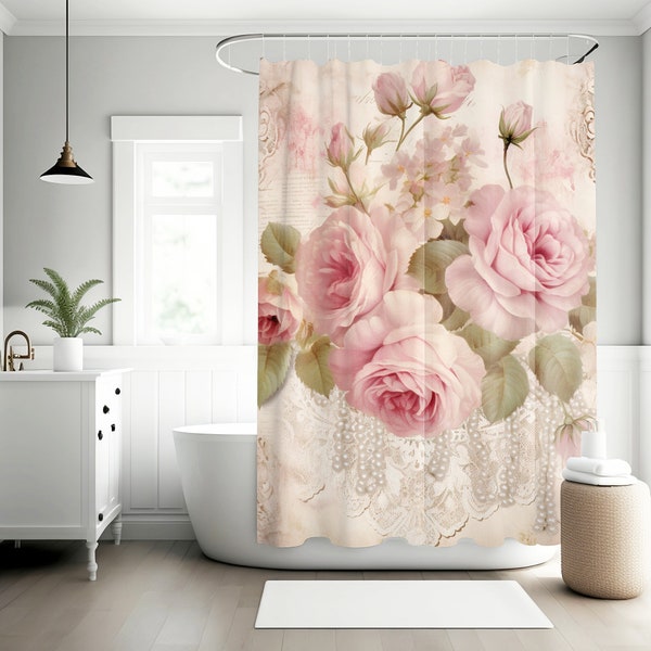 Pink vintage rose shabby chic floral Shower Curtain, bathroom decor