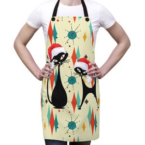 クリスマスキャットエプロン、ミッドセンチュリーモダンアトミックスターバースト、クリスマスダイニング