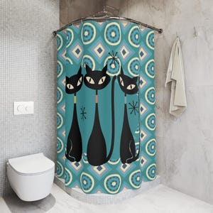 Cortina de chuveiro Atomic Cat MCM, decoração de banheiro, presente para amantes de gatos, acessório exclusivo para banheiro, tecido para casa, banheiro retrô