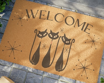 Atomic Cat Welcome Doormat: Mid-Century Modern Starburst Design