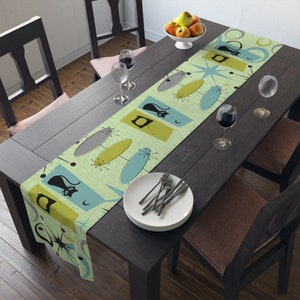 Retro Atomic cat Table Runner (Cotton, Poly), mid century modern, party tableware, table decorations, dining centerpiece
