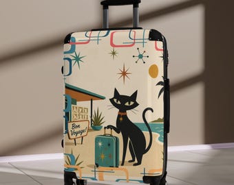 Valigia da spiaggia retrò nera con gatto atomico / Bagaglio da viaggio in stile metà secolo