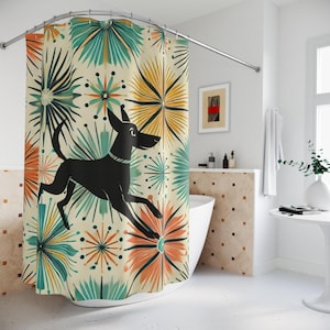 Atomic Dog retro Shower Curtain, Colorful Bathroom Decor, Bohemian Style, Pet Lover Gift, Unique Home Accessory, MCM home