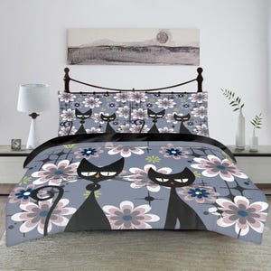 Atomic cat Groovy flowers polyester duvet cover and pillow case set, retro bedding, Mid Century Modern bedroom decor