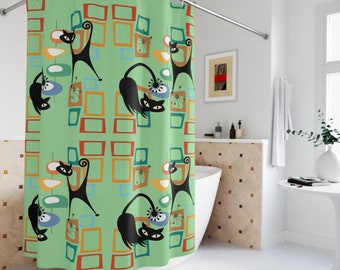Atomic Cat Shower Curtain: Mid-Century Modern Bathroom Decor