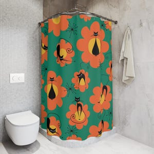 Cortina de chuveiro com estampa de gatos e margaridas, decoração floral para banheiro, presente para amantes de gatos, acessório divertido para casa, design de interiores colorido, MCM