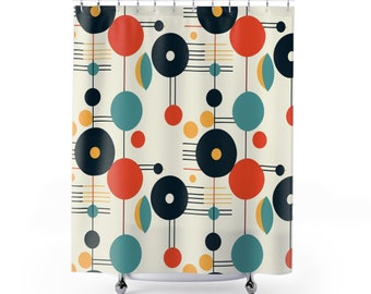 Cortina de ducha moderna de mediados de siglo: patrón geométrico circular, decoración retro