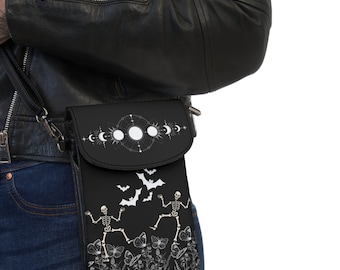 Gothic Skeleton Faux Leather Cell Phone Wallet, Over the Shoulder