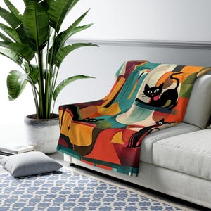 Colorful Atomic Cat Sherpa Fleece Blanket | Cozy Cat Lovers Gift, Home Decor, retro MCM Blanket, Unique Art Blanket, Housewarming