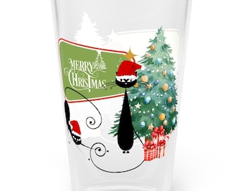 Joyeux Noël Atomic cat Pinte Glass, 16 oz, verres de fête de Noël, cadeau pour amoureux des chats noirs, articles de bar MCM, verre à boire de Noël
