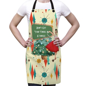 アトミックキャットのクリスマスエプロン、ミッドセンチュリーモダンのクリスマスクッキング