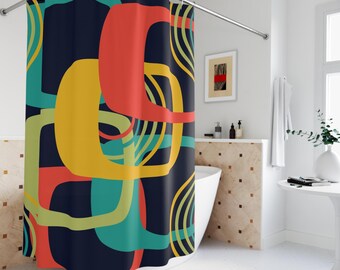 Cortina de ducha moderna de mediados de siglo: decoración de baño geométrica retro