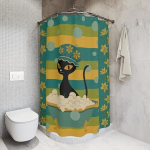 Cortina de chuveiro com estampa de gato atômico - Decoração de banheiro, Presente para amantes de gatos, Acessórios exclusivos para casa, Divertido e colorido, Acessórios para banho
