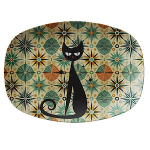 Atomic cat retro serving platter, Mid century dinnerware, party plate, black cat lover gift