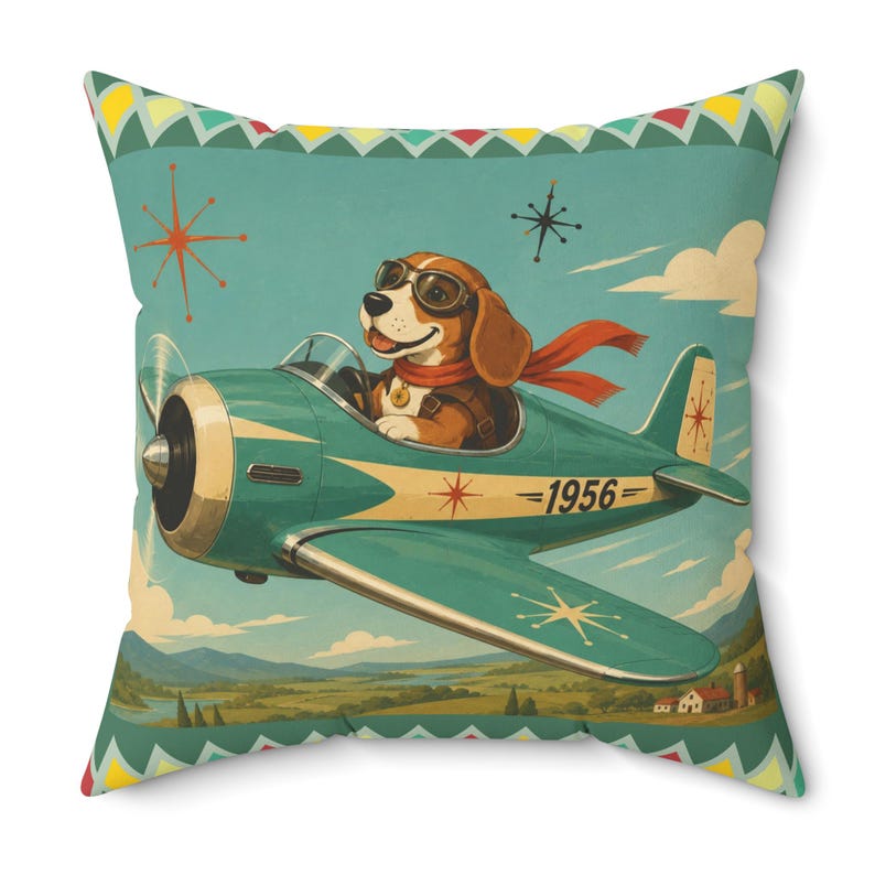 Oreiller d'avion vintage pour chien Beagle Pilot | Oreiller carré rétro aviation image 1