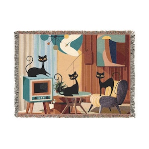 Atomic Cat Woven Blanket, Cozy Home Decor, Cat Lover Gift, Retro Style Throw, Pet Lover Blanket, Unique Living Room Accent, MCM decor