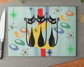 Atomic cat MCM retro Glass Cutting Board, MCM kitchen decor, cat lover gift, mid century modern, retro chopping board