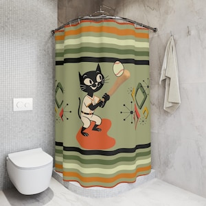 Cortina de chuveiro com estampa de gato atômico, decoração retrô para casa, acessório exclusivo para banheiro, presente para quem ama animais de estimação, cortinas divertidas para banheiro