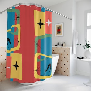 Cortina de chuveiro MCM gato atômico Mid Century Modern decoração de banheiro preta para presente de amante
