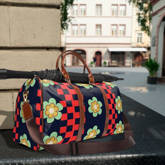 Retro Red and Blue Floral Waterproof Travel Bag, Retro Travel