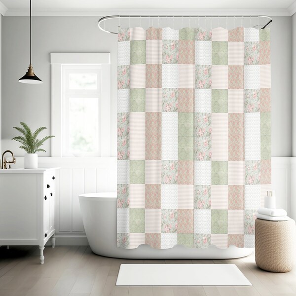 Shabby chic Faux patchwork PRINTED LOOK ONLY shower curtain, vintage bath decor, floral curtains, vintage curtains, cute flower curtain